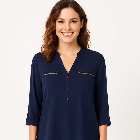 Express Navy Flowy Tunic Elegant Y2K Sz M - Picture 1 of 9